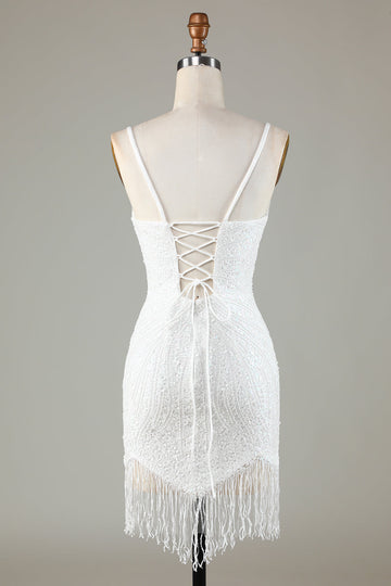 Glitrende bodycon spaghetti stropper blå snørebånd tilbage kort cocktailkjole med perler